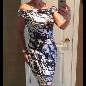 Black and white ruched dress